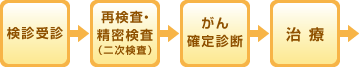 検診受診→再検査・精密検査（二次検査）→がん確定診断→治療→